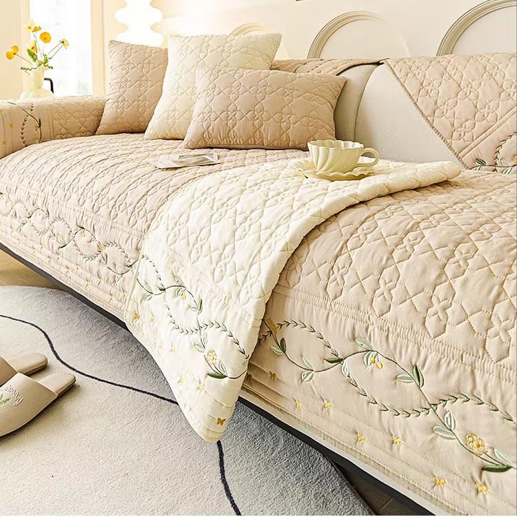 Washable Cotton Embroidered Sofa Cushion Slipcover, Modern Non-Slip Couch Cover Protector