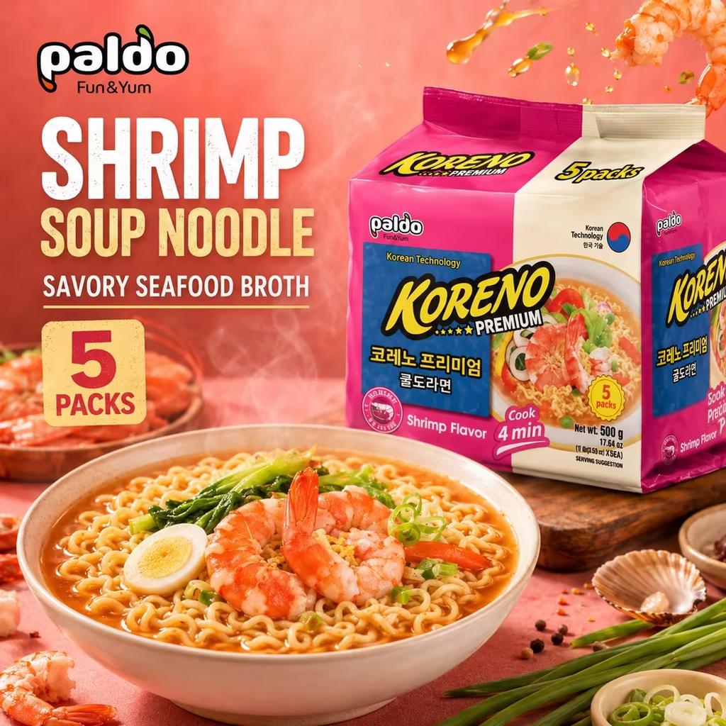 PALDO Shrimp Soup Noodle Multi Pack 100g*5pcs | Savory shrimp broth, springy noodles, practical multi-pack