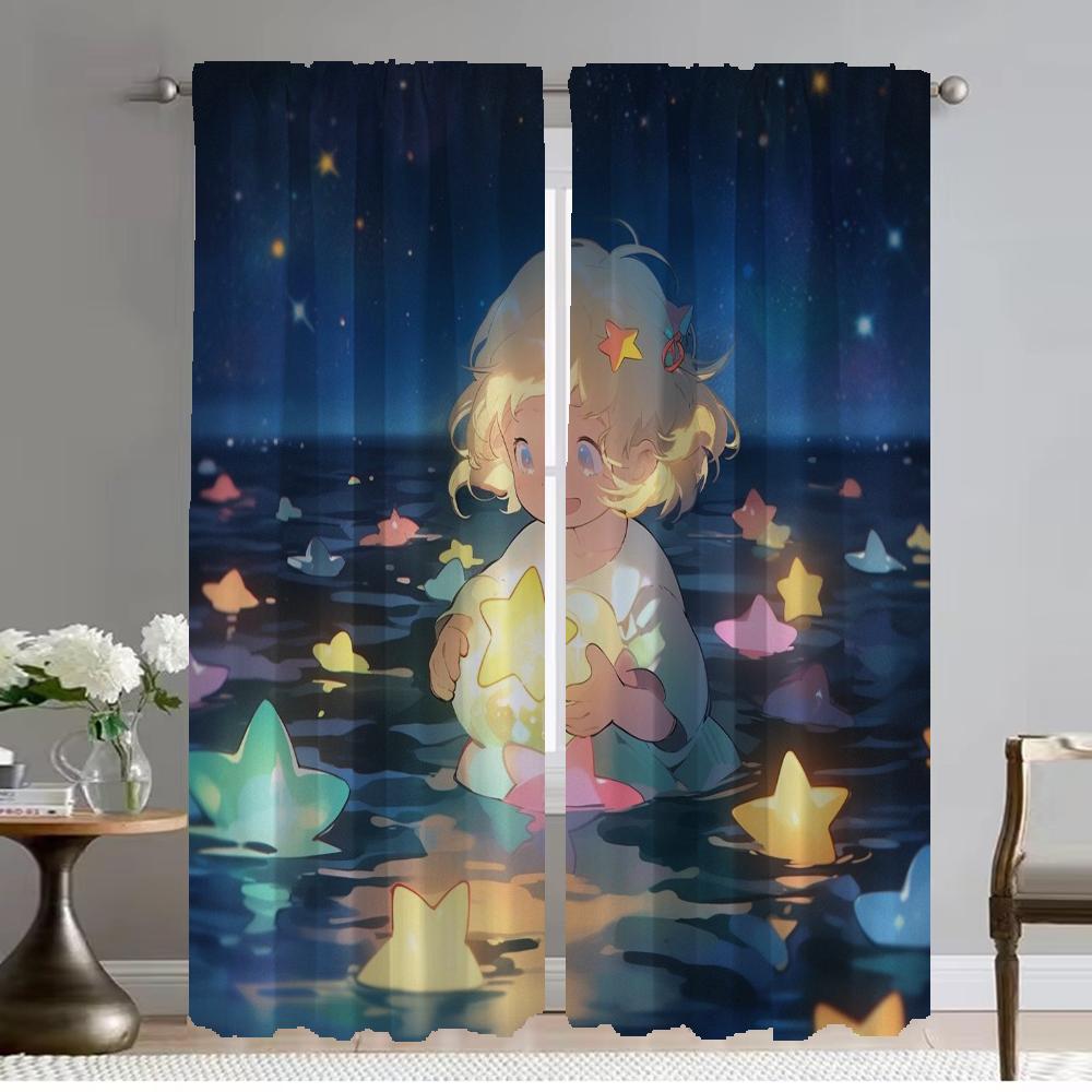 Star Girl Elegant Room Curtains 2 Pieces Blackout Curtain Tulle for Bedroom Partition Halloween Decoration Shades Living Kitchen