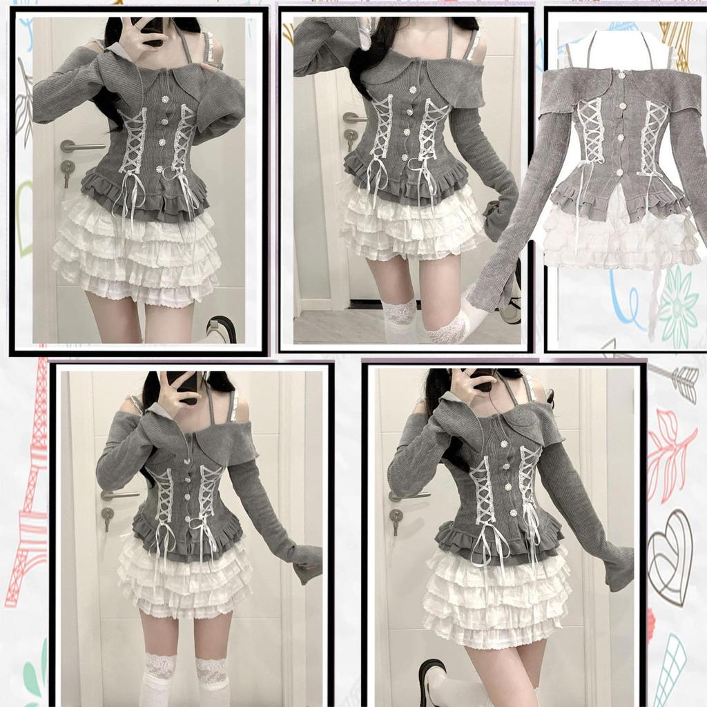 LAVASEON Cute Blouse for Sexy Ribbon Korean Tight Ruffled Long Princess Style Off-the-Shoulder Women, Top, Style, Knit, Fit, Button-Up,