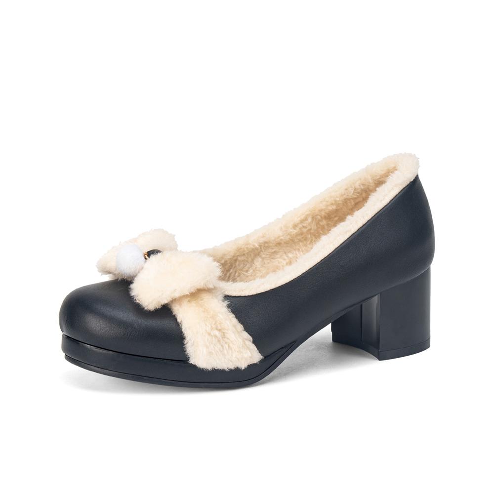 Fashion 2025 Autumn Winter Woman Med Heel Lolita Shoes Faux Fur Cute Bow Mary Jane Pumps Bride Wedding Cosplay Party Beige Pink Black