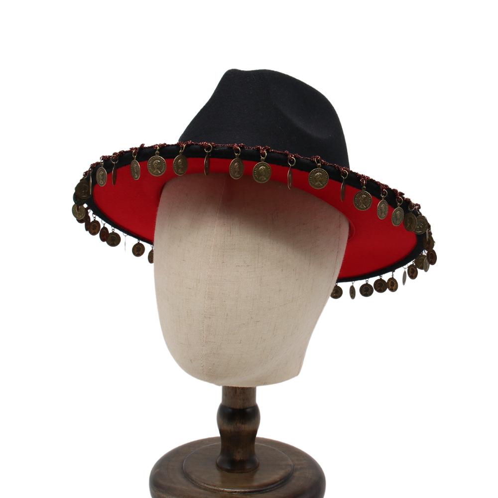 

Tibetan Two-Color Performance Top Hat Ethnic Style Fringed Jazz Hat Grassland Felt Hat Woolen Hat Men And Women One size fits all чорний