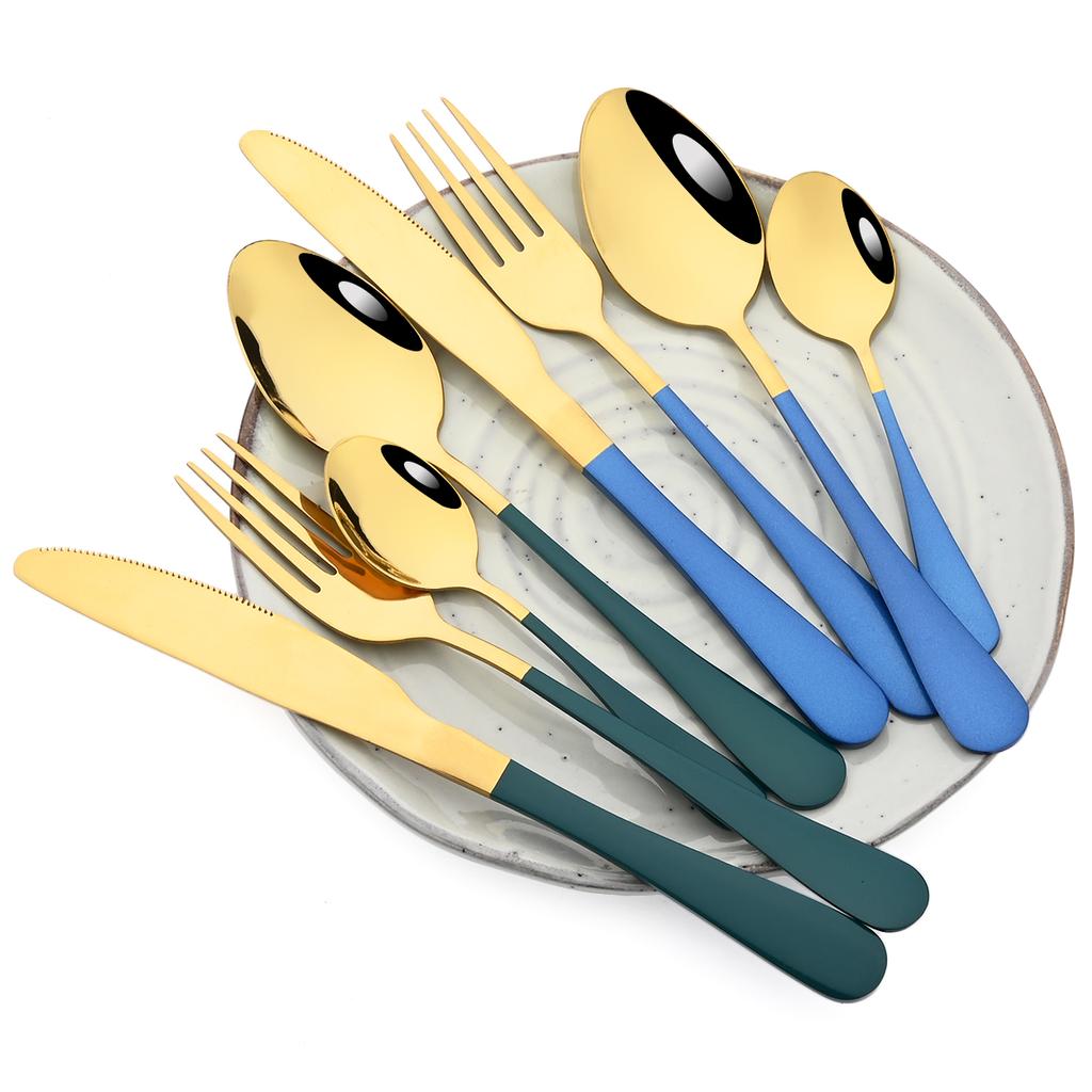Vícebarevná 24dílná sada jídelního nádobí Nůž Vidlička Kávová lžička Sada příborů Západní nerezové nádobí Kuchyňské příbory Stříbrné příbory