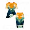 Women Plus Size Round Neck Short Sleeve Palm Tree Printed Gradient Asymmetric Top Fitted Skirt Two Piece Set