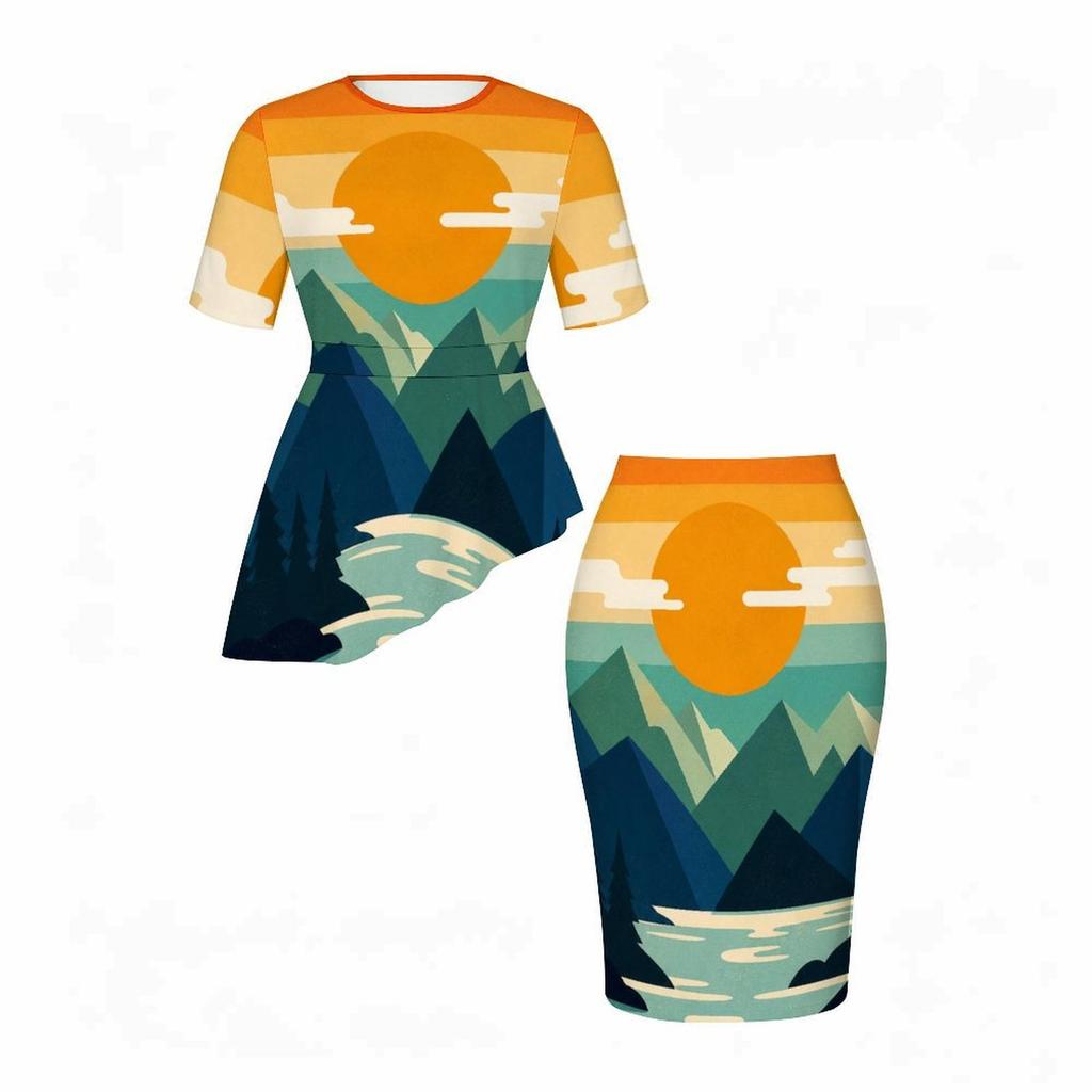 Women Plus Size Round Neck Short Sleeve Palm Tree Printed Gradient Asymmetric Top Fitted Skirt Two Piece Set