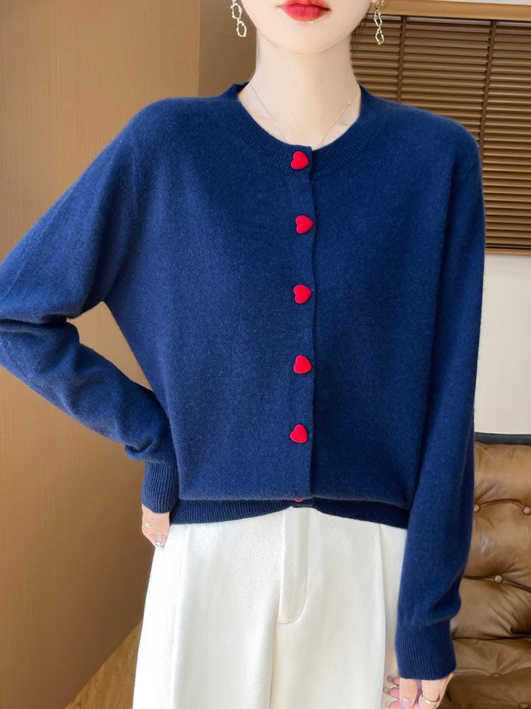 Women's 100% Wool Round Neck Long Sleeve Knit Cardigan with Cashmere Inner Layer
