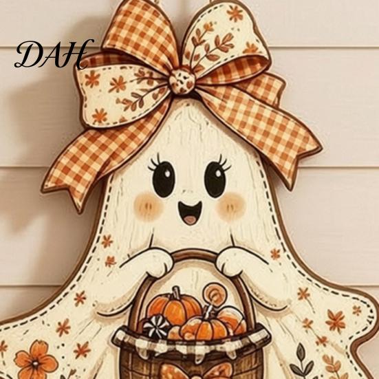 Rustic Harvest Wall Art Cute Bow Ghost Hanging Sign, Retro Floral Door Sign with Pumpkin Halloween Party Background Decor Basket, Vintage Wooden