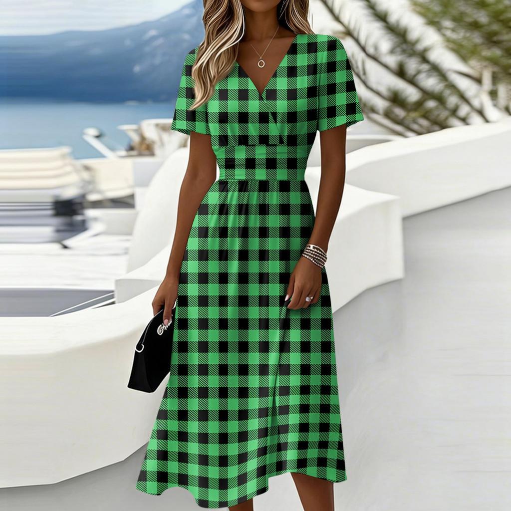 Women’s Gingham Print Casual Midi Dress with Short Sleeves V Neck and Relaxed Fit for Everyday Wear and Comfort