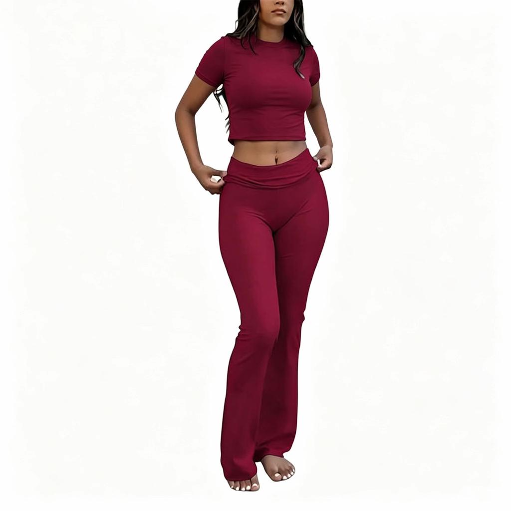 Women's Two Piece Workout Set Crewneck T-Shirt Low Waist Flare Pants Tracksuit