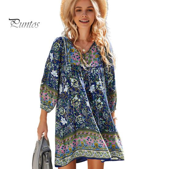 

Летнее женское платье в богемном стиле с цветочным принтом и V-образным вырезом на шнуровке с длинными рукавами в стиле пэчворк плиссированное свободное пляжное мини-платье для отдыха S темно-синий