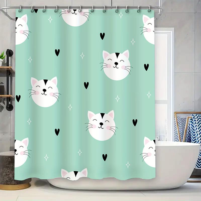 

Creative Waterproof Fabric Shower Curtain Cute Cat Print Decorative Bath Rug Quick-Dry Material For Bathroom Decoration (Green 1 W60H190(CM)-1 Pcs