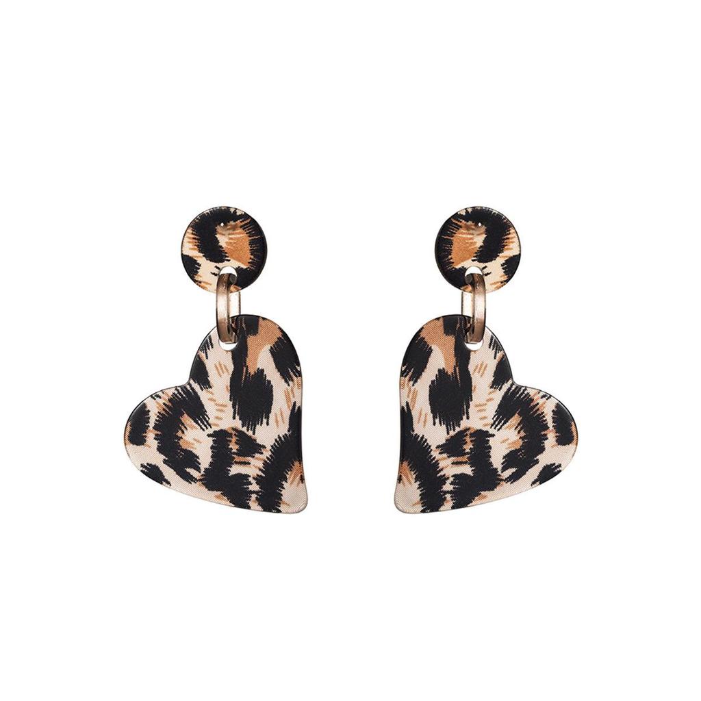 Retro Geometric Leopard Print Pendant Earrings - Brown Heart Flower Fashion Accessories