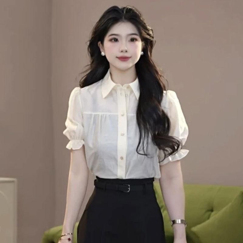 Shopping mall women's clothing 1116 summer versatile texture splicing lapel slim bubble sleeves short-sleeved shirt 111117