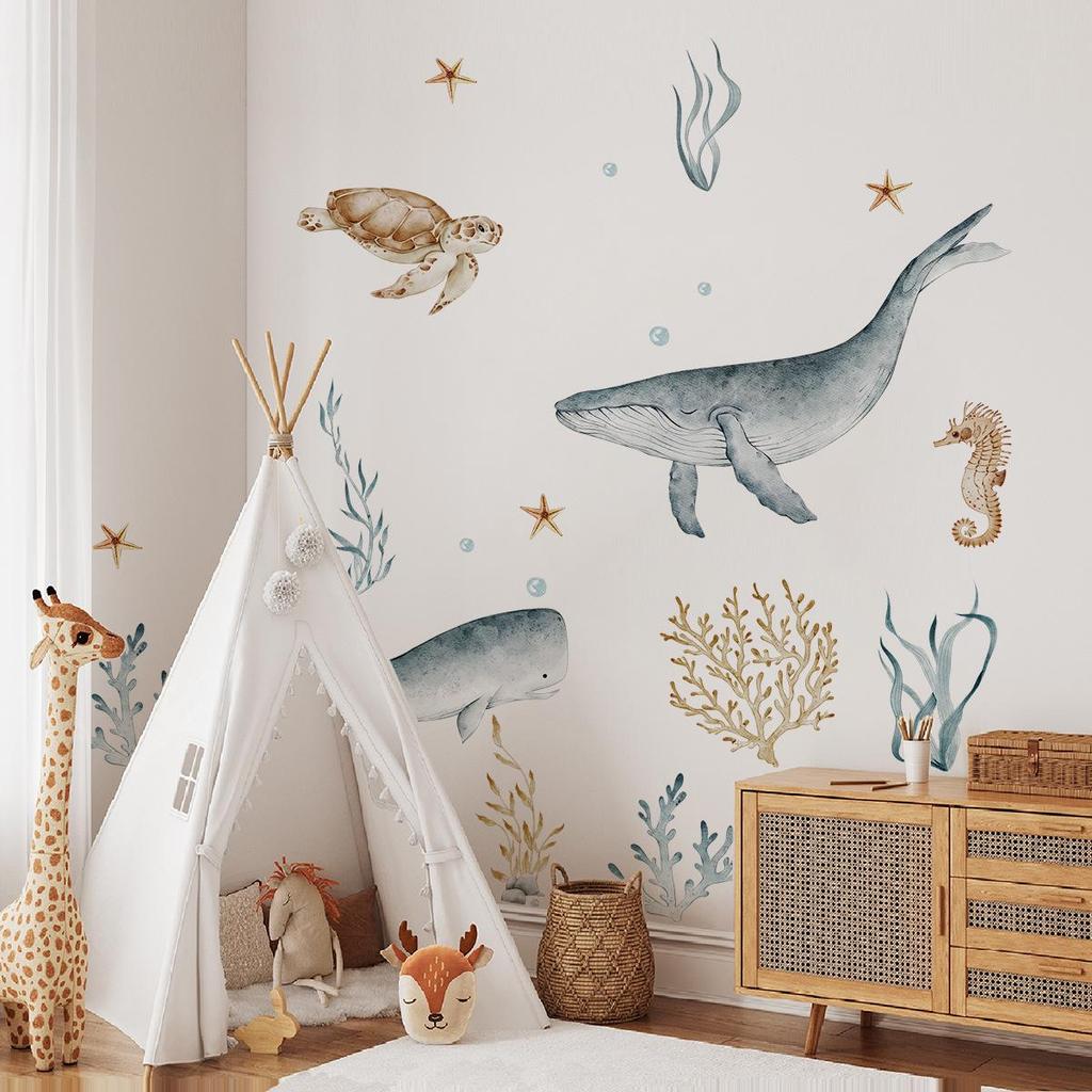MS3088 Large Watercolor Underwater Animal Wall Sticker - Whale & Turtle