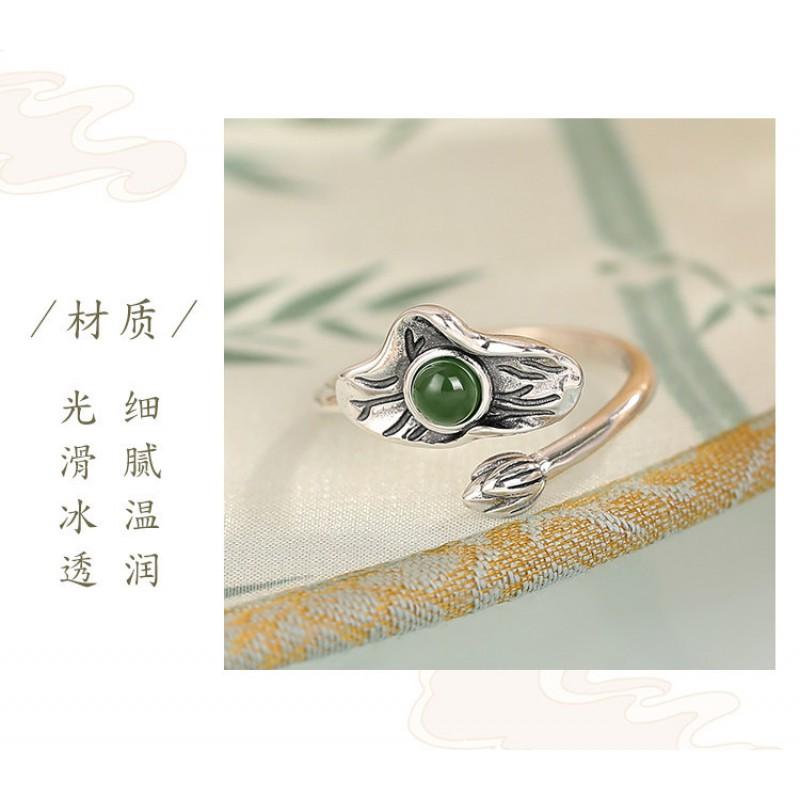 Adjustable Copper Ring With Natural Red Agate Lotus Flower Design Vintage Boho Statement Finger Women