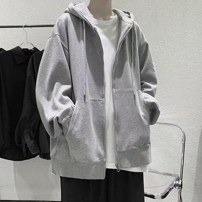 Men Fall Winter Hoodie Drawstring Loose Zip-up Long Sleeves Pockets Hooded Plus Size Cardigan Thin Pure Color Daily Wear Casual