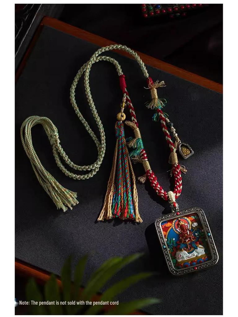 Tibetan Eight Treasures Compass Pendant Necklace with Braided Rope Amulet
