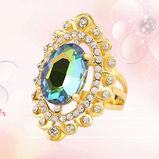 Women Rainbow Color Big Ellipse Glass Rhinestone Hollow Party Ring Gift Jewelry