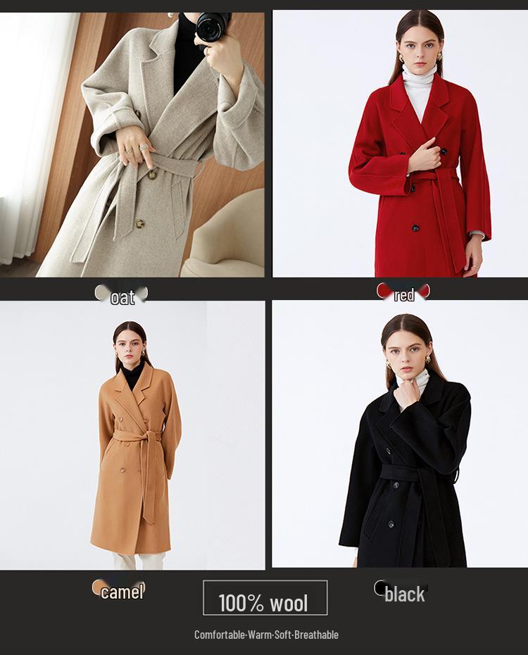 Double-Faced Wool Overcoat: High-End, Loose Casual Design with Suit Collar and Tie, Perfect for Spring and Autumn.