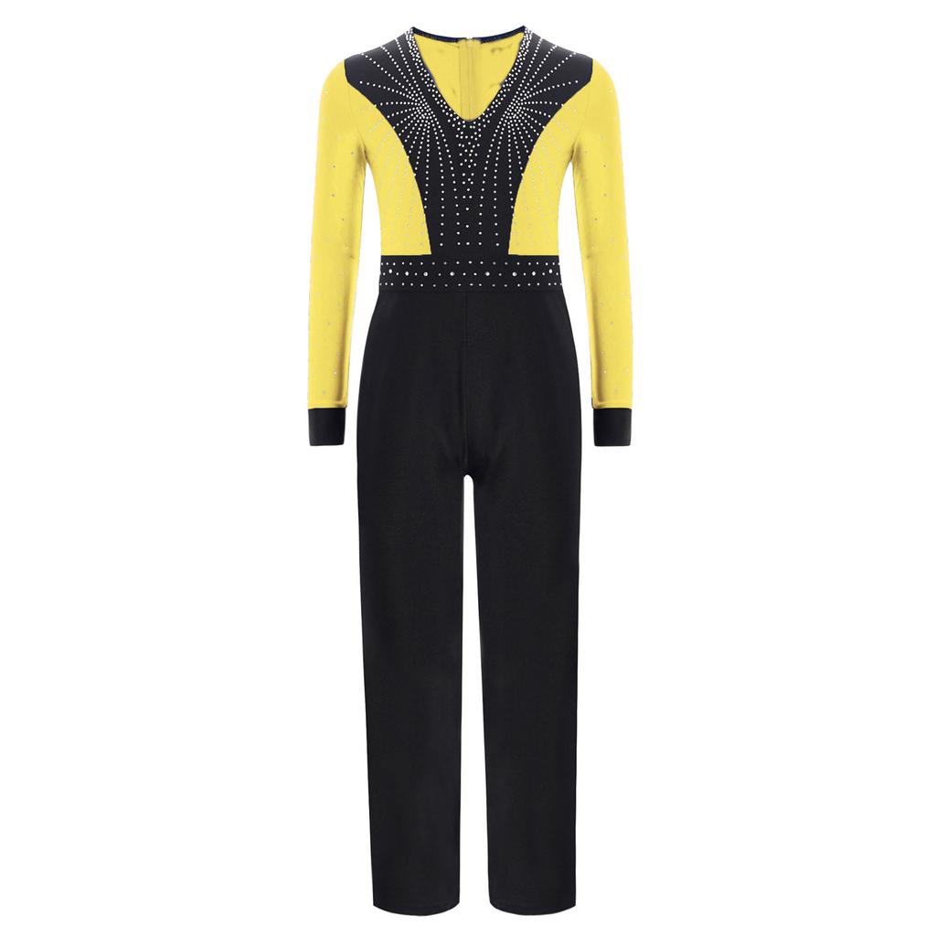 Boys Latin Dance Jumpsuit Color Block Design V Neck Long Sleeve Full Body Leotard Skating Performance Costume