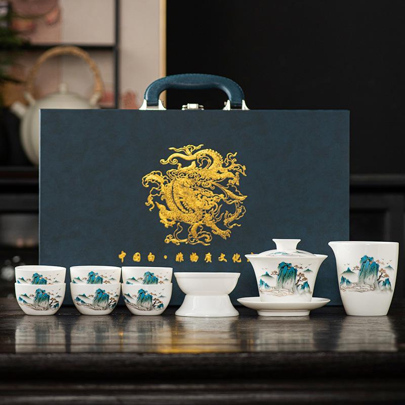 Premium beauty suet jade white porcelain kung fu tea set, household Xishi pot tea cup light luxury high-end gift box