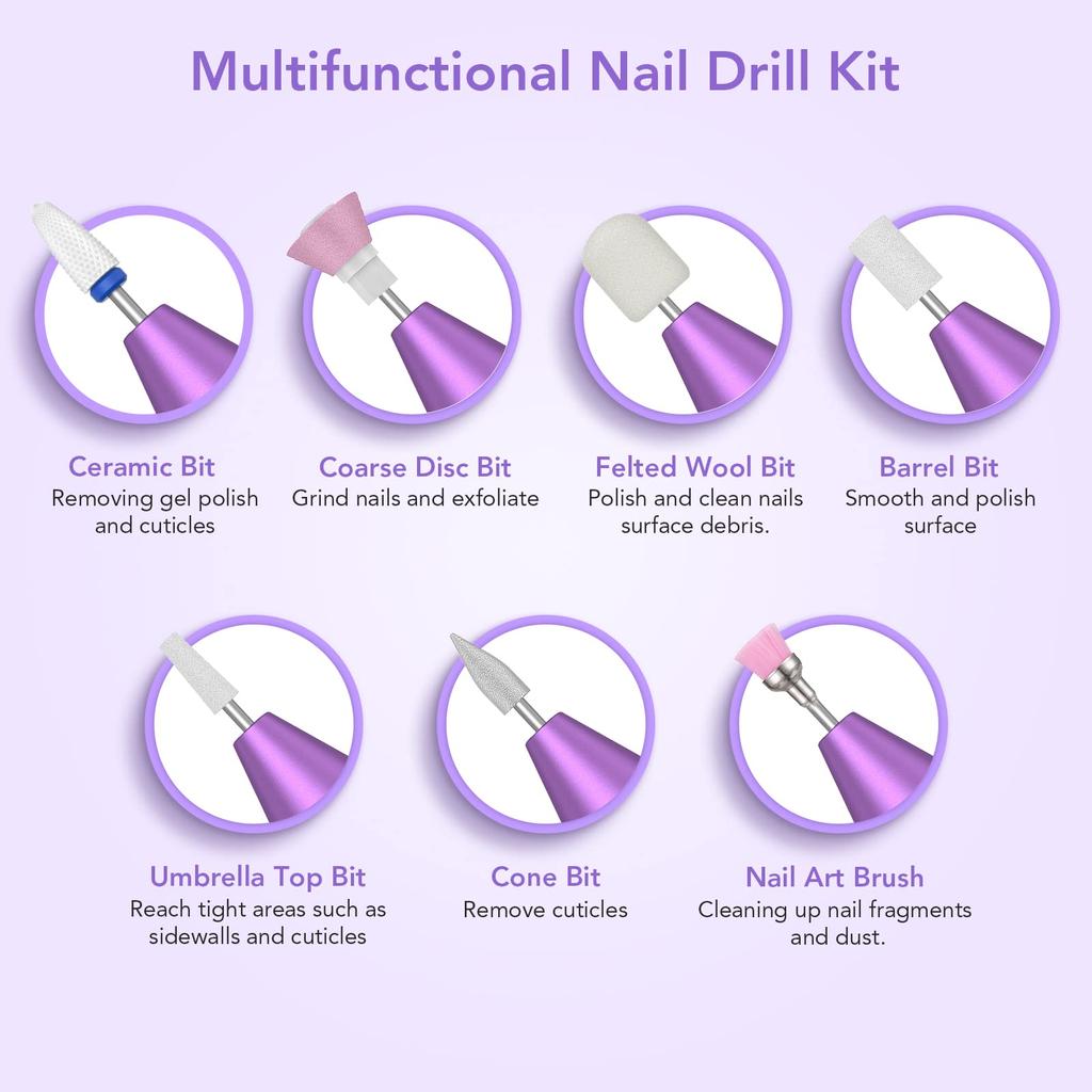 Cordless Electric Nail Drill, Rechargeable Nail Drill Machine for Acrylic Gel Nails, Portable Electric Nail File Set with Premium Ceramic Drill Bits