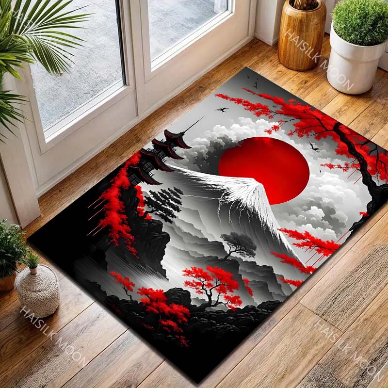 1PC Red Sun Mount Fuji Maples Pagoda Print Carpet for Living Room Bedroom Sofa Home Decor Rus Non-slip Floor Mat Luxury Gift