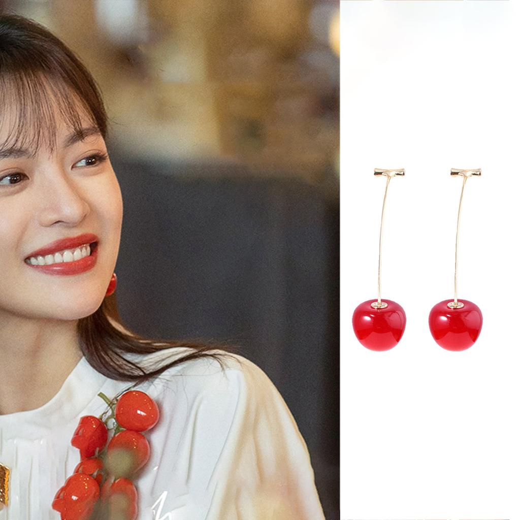 Sweet Pink Cherry Pendant Earrings Simple Small Fresh Temperament Stud Earrings Advanced Fashion Personality Design Earrings