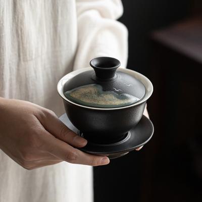 170ml Ceramic Lid Bowl Hand Painted Tea Offering Bowl Japanese Style Tea Bowl