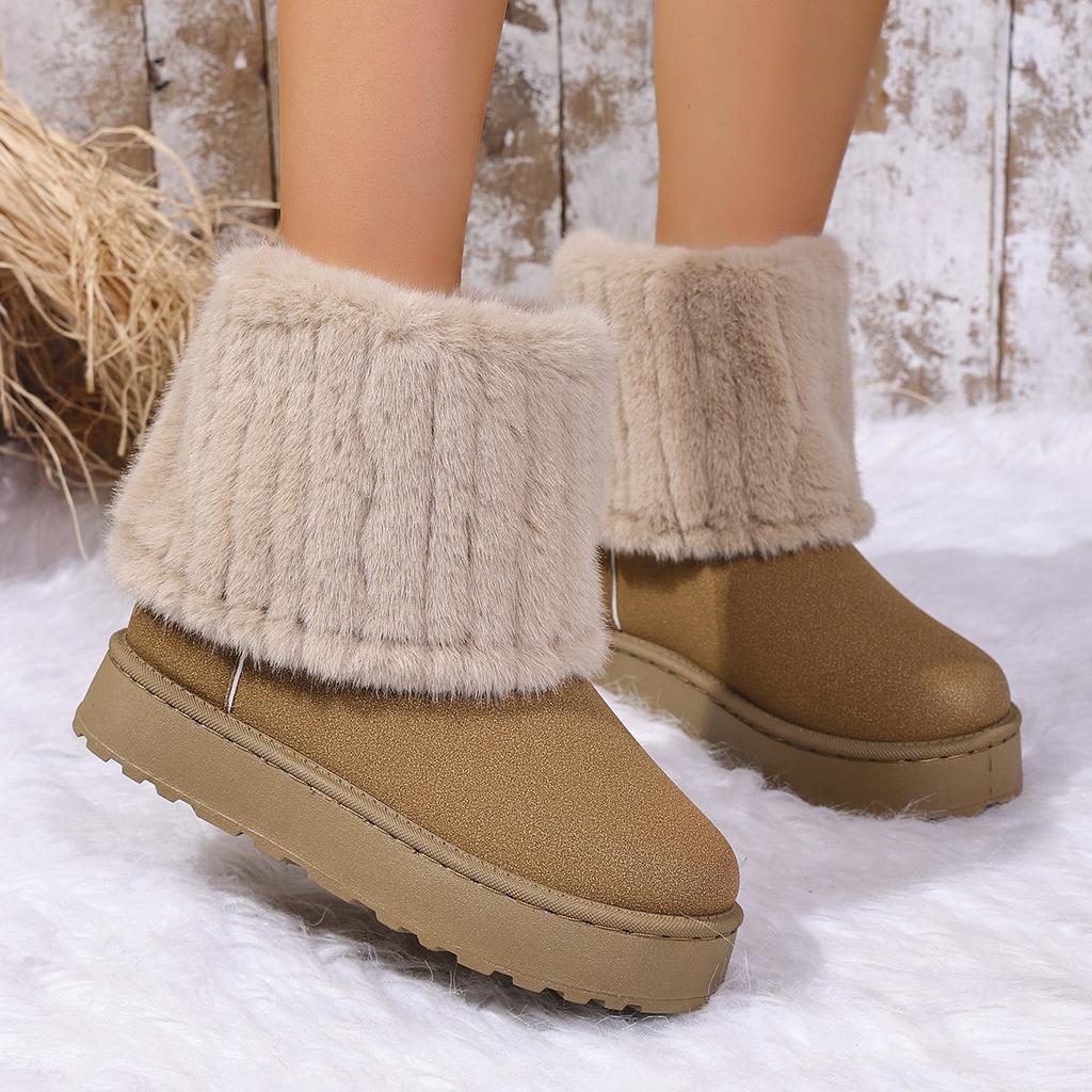 Fashion Women Round Toe Warm Thickened Plush Winter Beige Mid Calf Boots Thick Sole Casual Comfortable Anti Slip Women Snow Boot