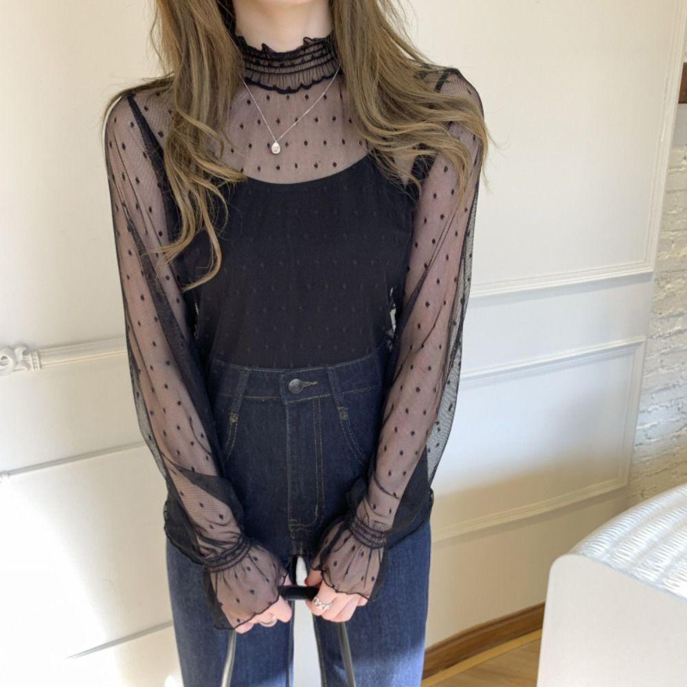 

Dot Transparent Pullover Top Half High Collar Beach Shirts Sweet Lace Flower Top Streetwear XL-Apricot Dot