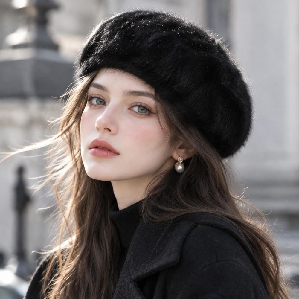 Soft Pumpkin Painter Cap Solid Color Plush Octagonal Cap Elegant Faux Mink Beret Autumn