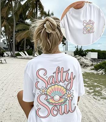 Salty Soul Seashell Pearl Graphic Tee Retro Coastal Beach Vibes Summer Vacation Oversized T-Shirt for Women Casual Streetwear