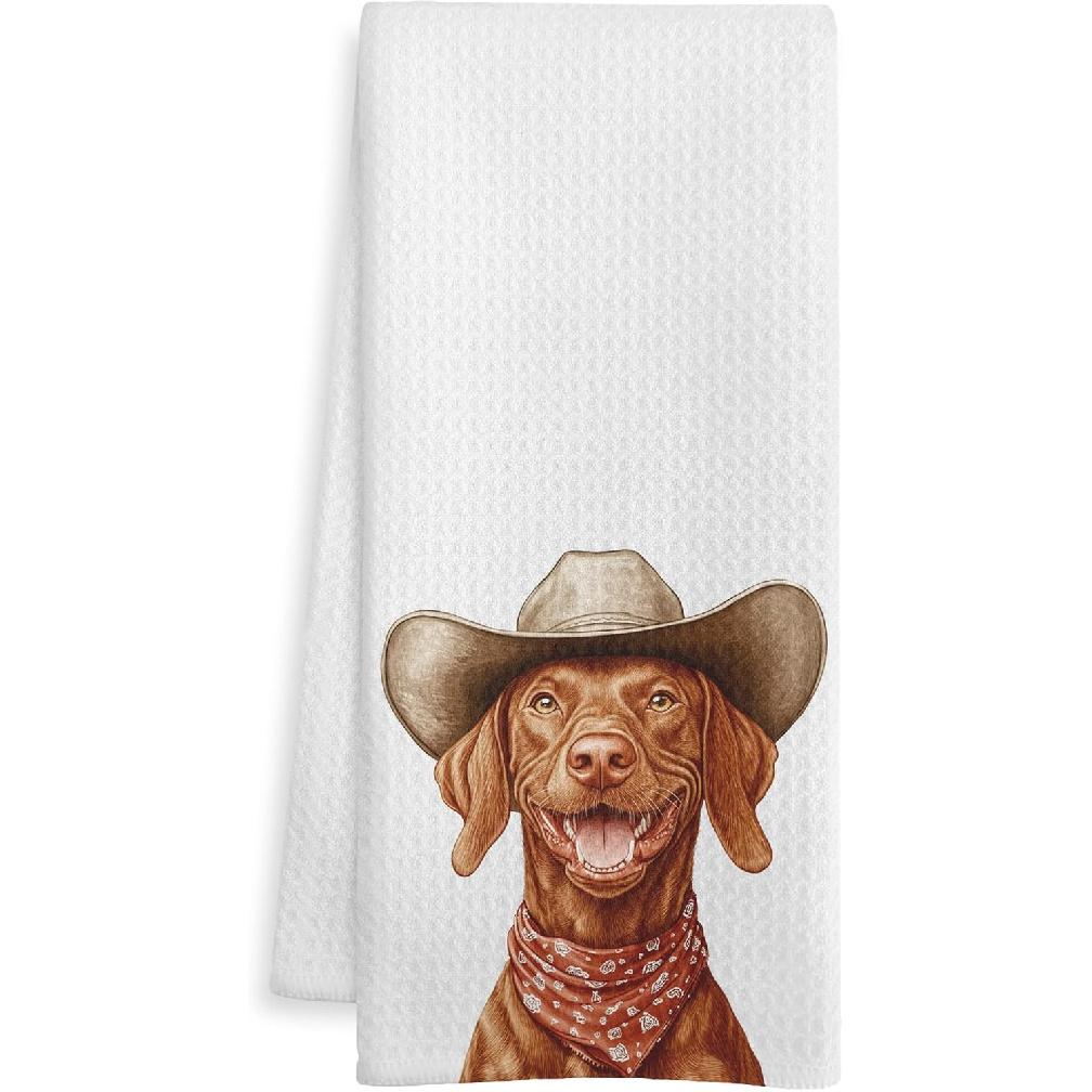 Cowboy Vizsla Kitchen Towels, Vizsla Gifts for Women Men Dish Tea Towel for Kitchen Decor, Funny Western Dog Hand Towels for Bathroom Decor, Dog Vizsla-1
