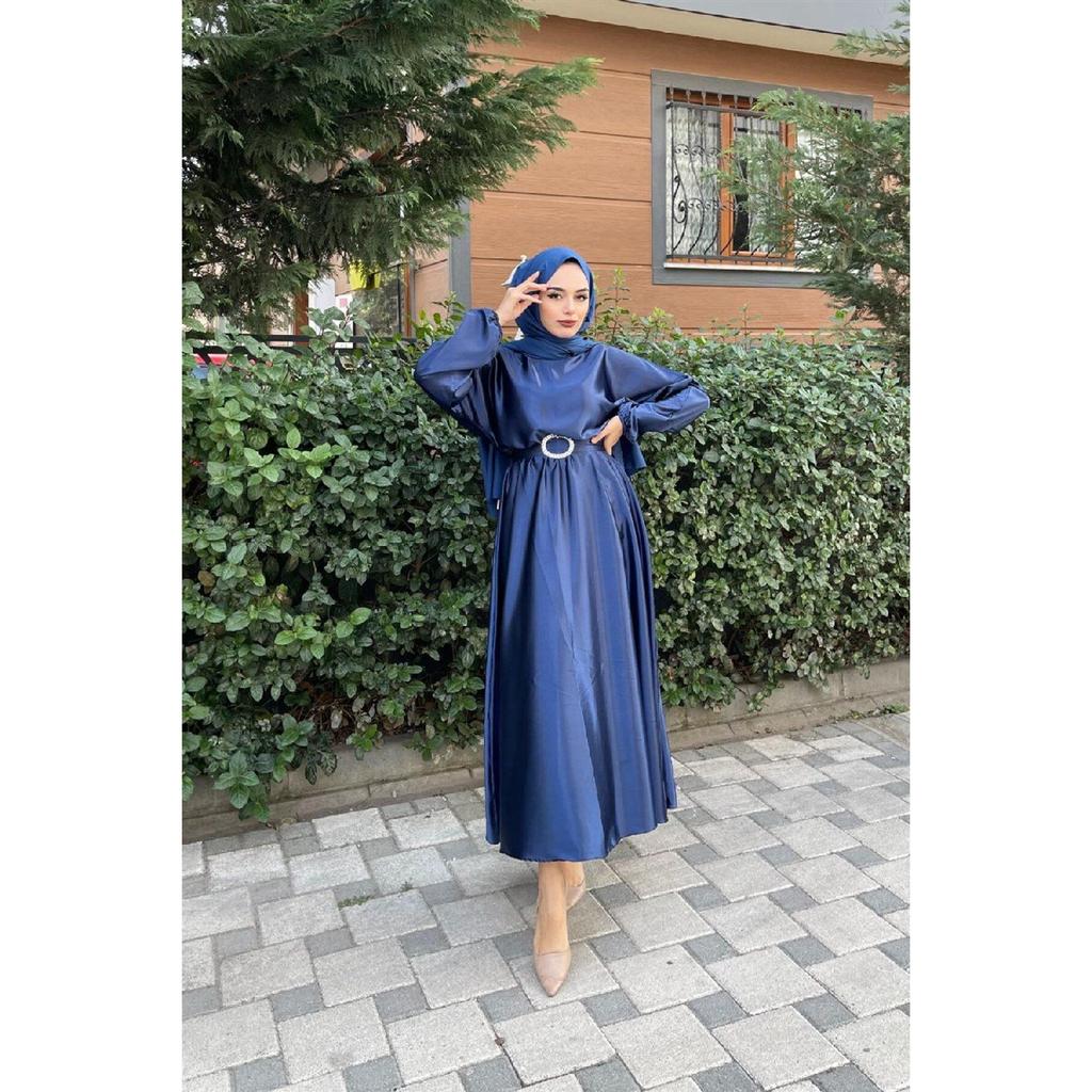 Rochie de seara din satin cu curea cu talie elastica Albastru bleumarin