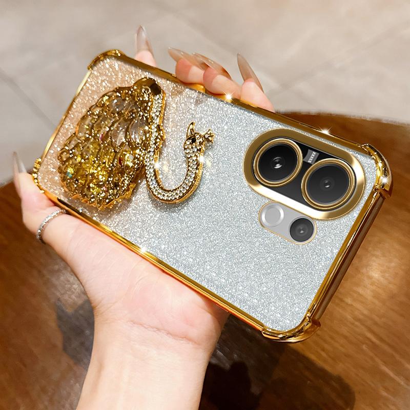 KEYSION Shockproof Plating Phone Case for VIVO V60 5G Clear Soft TPU Glitter Jewelled Swan Kickstand Back Cover for VIVO V60