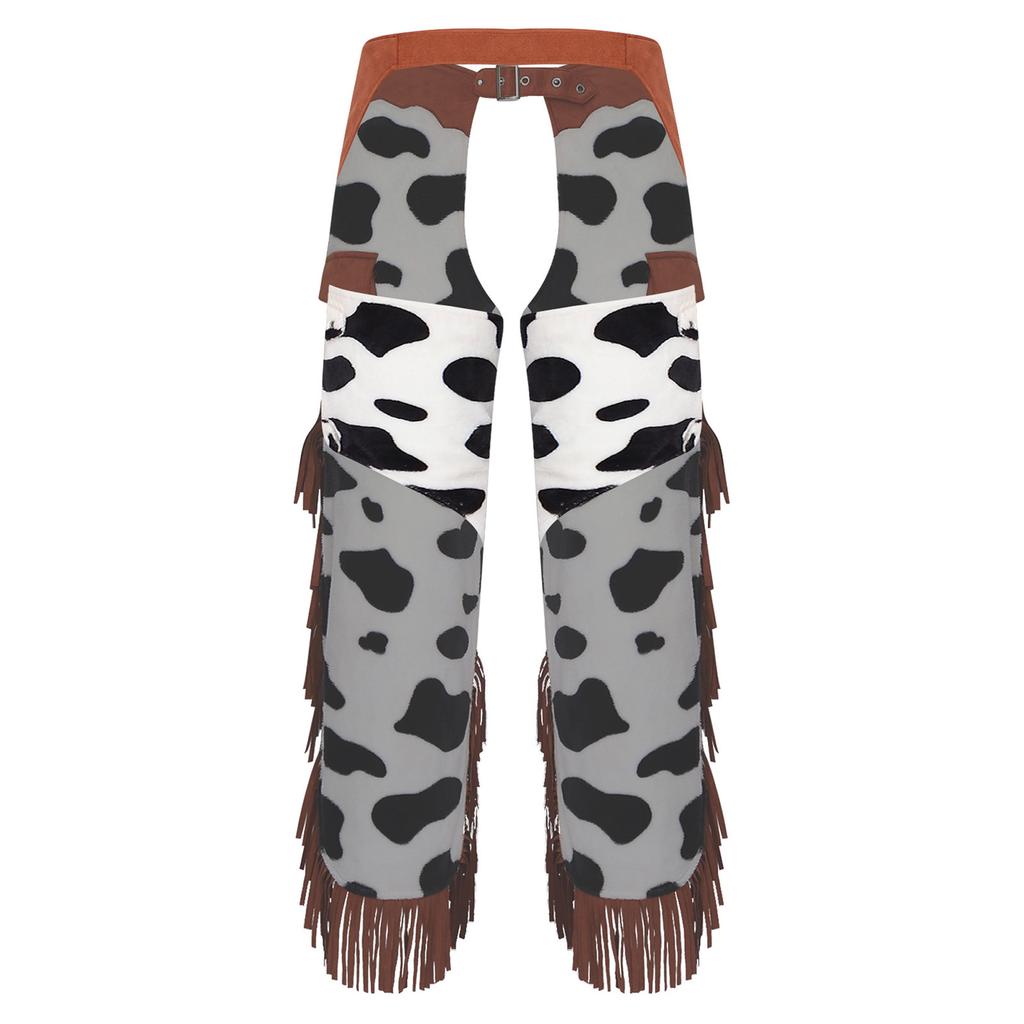 Cowboy Fringe Chaps Pants Cow Pattern Flannel Tassel Patchwork Adjustable Waist Trousers for Men Western Vintage Party Outfit