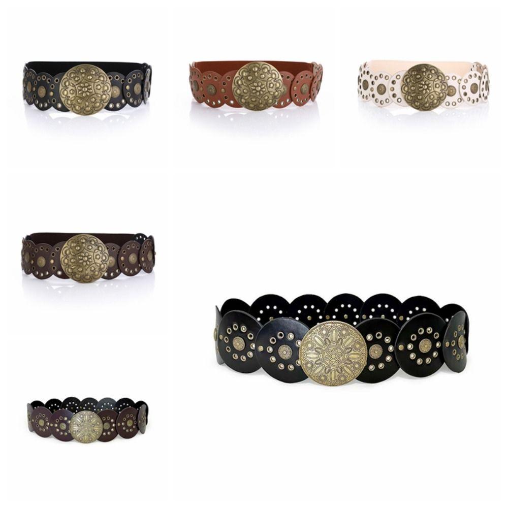 Zinc Zinc Alloy Ethnic Style Rivet Belt Y2K Disc PU Hollow Waistband Vintage Concho Wide Belt Waist Seal