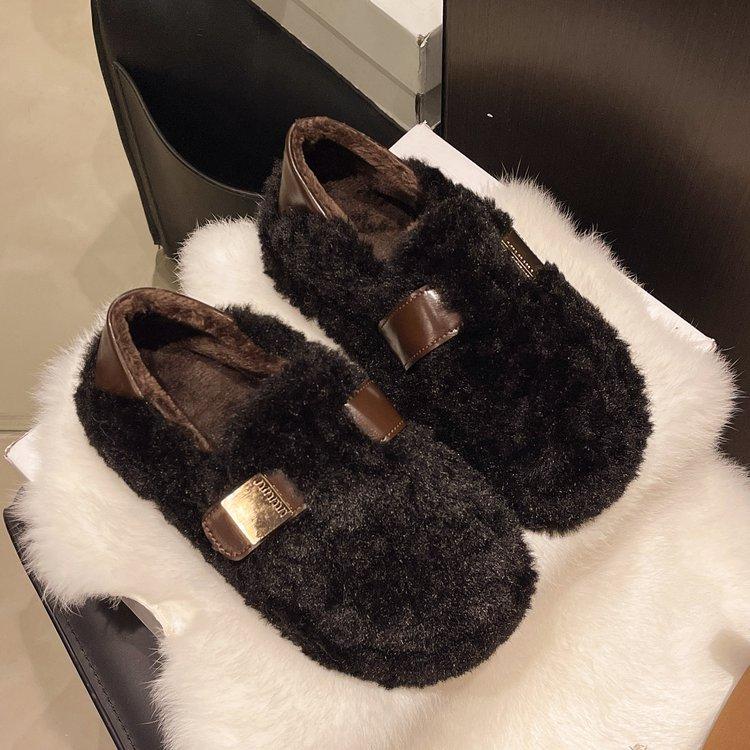 One-pedal wool shoes for women's spring and autumn 2025 new popular lamb wool comfortable and versatile soft-soled velvet thermal cotton shoes