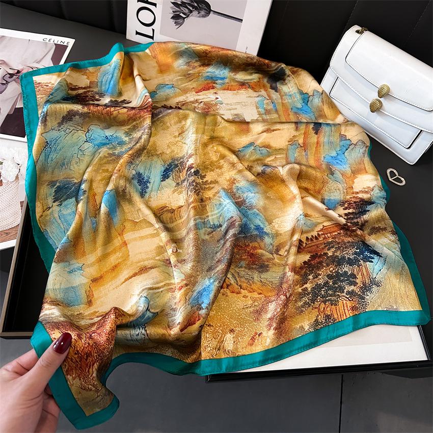 Elegant Ginkgo Leaf Print Silk Square Scarf – Versatile Headscarf for Spring and Summer