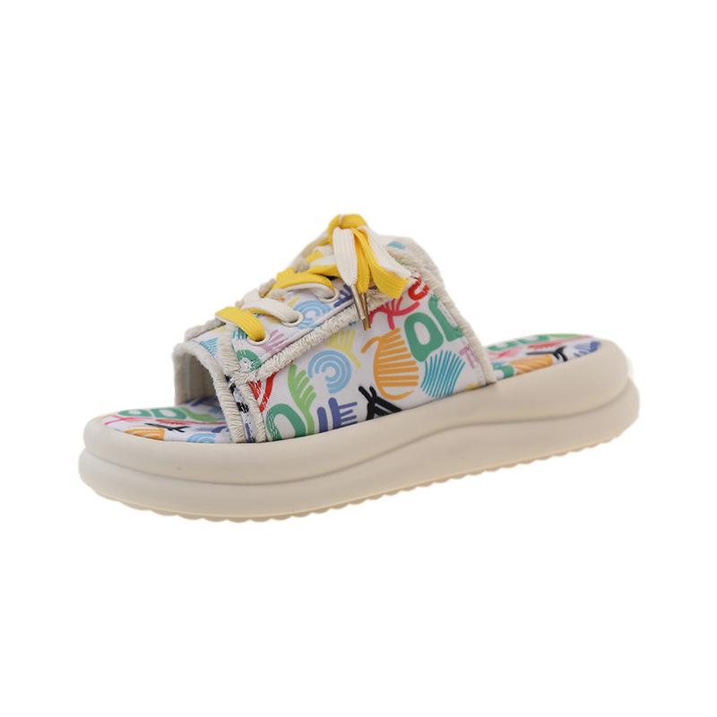 

Женские сандалии на шнуровке с круглым носком - модные повседневные летние тапочки с цветным узором для дома и улицы (новый) 35