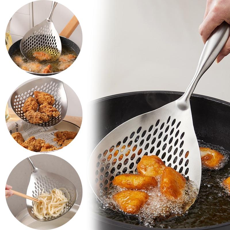Large Durable Stainless Steel Colander Skimmer Spoon Kitchen Draining Cooking Frying Strainer Spoon with Anti Scald Handle 1PC