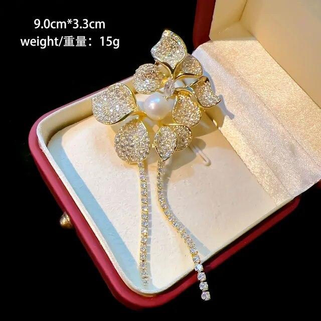 Französisch Luxus Quaste Kette Blume Brosche Süßwasser Perle Magnolia Corsage Tier Pin Intarsien mit Zirkon Zubehör Frauen Geschenk