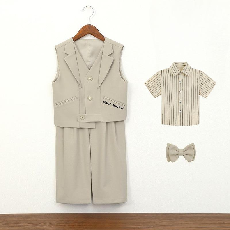 

School Boys Formal Suit Set Striped Shirt Vest Pants Kids Gentleman Outfit Wedding Birthday Party Pageant Graduation Dress Suit 150cm