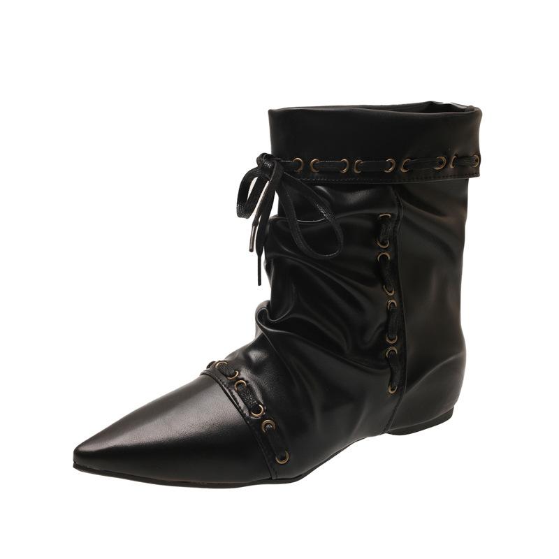 

Две женщины в остроносых ботфортах-чулках 2025 осень ретро плиссированные короткие ботинки эффект многослойности ботильоны внутренняя высота на танкетке одинарные ботинки женские 39 чёрный