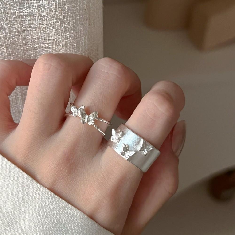 Simple Tibetan Silver Butterfly Ring Matte Light Adjustable Finger Geometric Ring 3D Silver Ring Party Birthday Gift