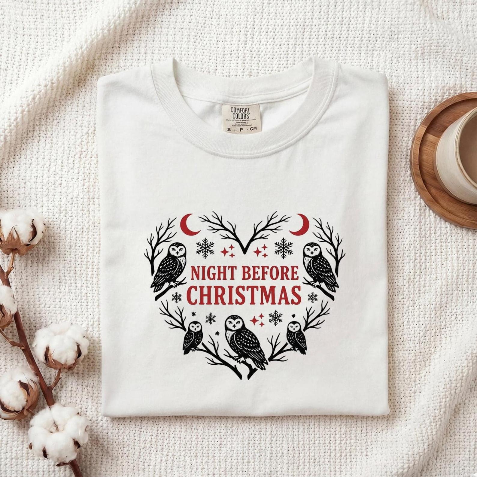 Owl Illustration Shirt Christmas Forest Gift Women Folk Tee Hoot Owl T-Shirt Christmas Fan Woodland Tshirt Primitive Graphic Retro Snowflake 3XL