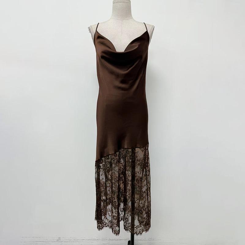 Abito Lungo Sexy in Pizzo da Donna Moda Raso Scollo a V Giuntura Abito da Sera per Feste 2026 Nuovo Caldo Donna Senza Maniche Abiti Eleganti