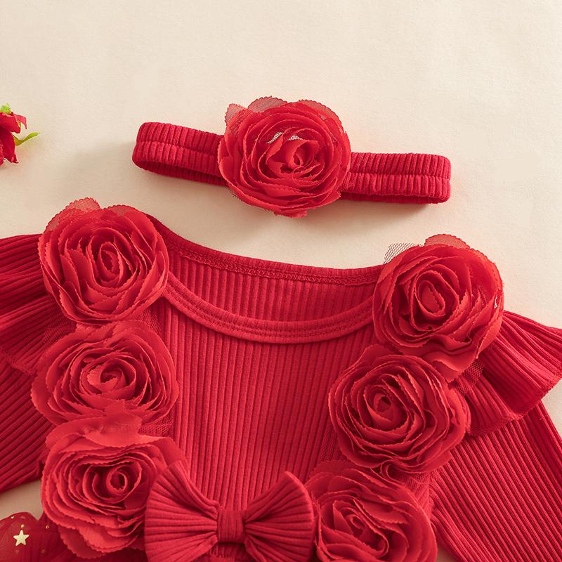 Newborn Baby Girl Christmas Red Romper Tulle Flower Bow Ruffle Jumpsuit Party Xmas Costumes Headband Outfits