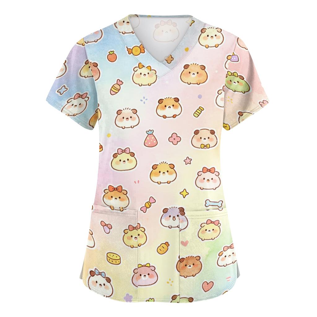 Women's V Neck Short Sleeve Work Top with Pockets Animal Print Medical Uniform Scrub Shirt for Healthcare Professionals Nursing Staff